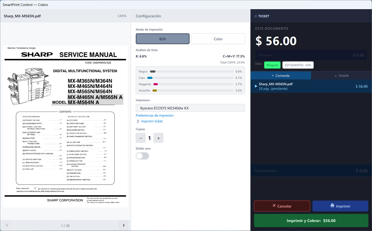 Ventana de cobro — SmartPrint Control